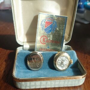 Kaltron Vintage Retro SC Engraved Custom Designer Cufflings With Locket & Watch